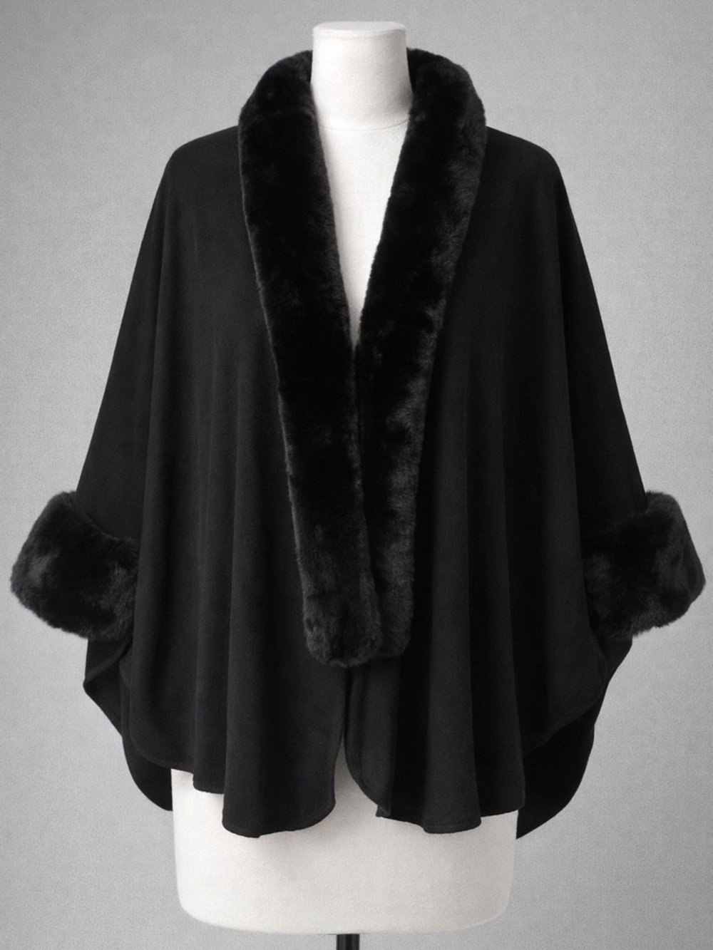 Black Faux Fur Trim Cape Poncho NWT One Size Elegant Wrap
